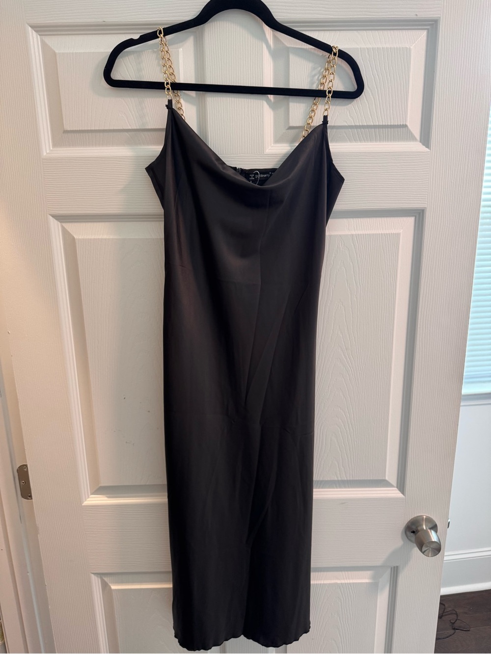 Satin Slip Dress with Gold Chain Straps - Black